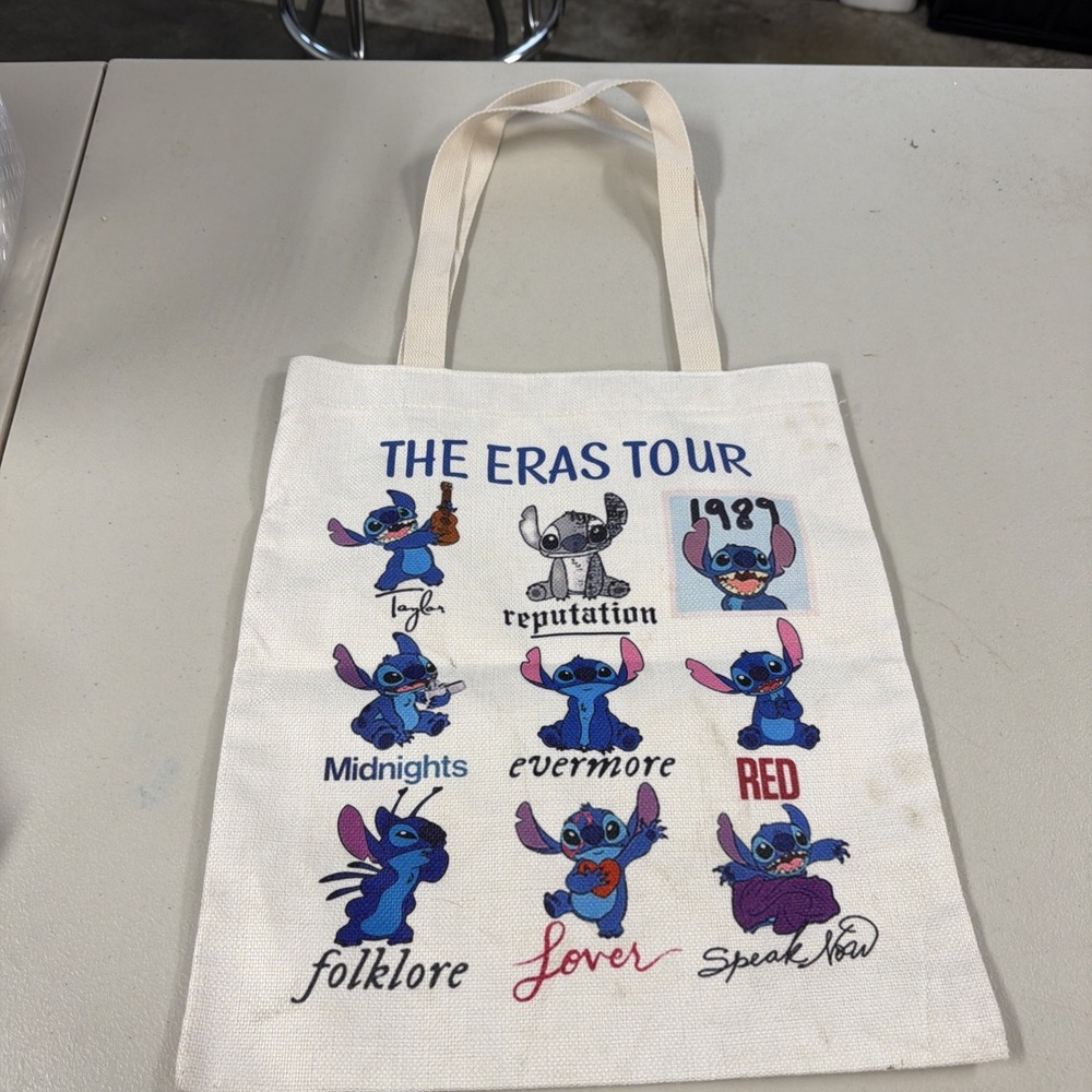 Disney Stitch The Eras Tour Taylor Swift Graphic Canvas Tote Bag White